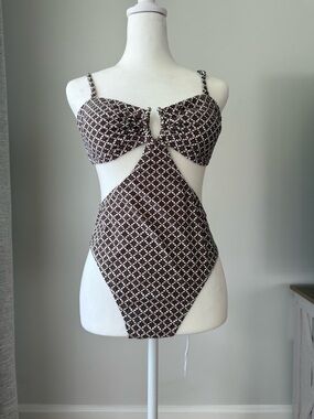 Cupshe One Piece Swimsuit Women Medium Brown Floral Cutout Tie Back NWT